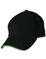 A black cap with a green accent on the brim, featuring a logo on the side.