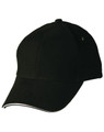 A black cap with a curved visor and a contrasting trim, featuring a logo.