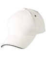 A white cap with a curved brim and a detailing stripe, featuring a logo on the side.