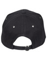 A black cap with a curved brim, showing eyelets and an adjustable strap at the back. It features a logo.