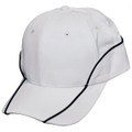 A white cap with contrast black lining and a pre-curved brim. It features ventilation holes and a logo.
