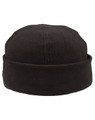 A black polar fleece beanie featuring a rounded top and a folded cuff, with a logo on the side.