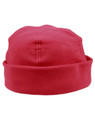 A red polar fleece beanie with a folded cuff and a plain design, featuring a logo.