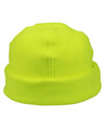 A bright yellow polar fleece beanie with a folded cuff. It features a branding logo.