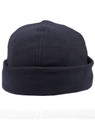 A dark navy polar fleece beanie with a rolled cuff and stitching details, featuring a logo.