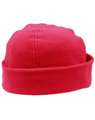 A red polar fleece beanie with a cuffed edge, featuring a logo on the side.