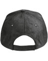 A black heather cap featuring a classic adjustable back and eyelets for ventilation. It has a branding logo.