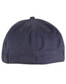 A navy cotton fitted cap featuring a rounded design and a logo on the side.