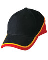 A cap in black, red, and yellow with a logo. Features a structured design and curved peak.