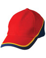 A cap featuring red fabric with blue and yellow accents, and a logo on the front.