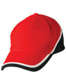 A red cap with contrasting white and black accents. It features a logo on the front.