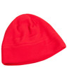 A red fleece beanie with a snug fit and a simple design. It features a branding logo.