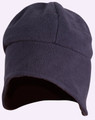 A grey polar beanie with ear covers, featuring a smooth texture and rounded top. It has a logo on the side.