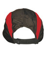 A black and red foldable cap with a flat brim and adjustable strap at the back, featuring a logo.