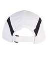 A white foldable cap featuring black accent panels and an adjustable strap at the back. Includes a logo.