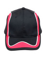 A black cap with red and white accents, featuring a logo on the front.