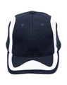 A navy and white cap featuring a structured design and a logo on the front.