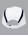 A white cap with navy accents at the back, featuring an adjustable strap and branding.