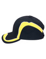 A black cap with yellow accents and a curved design, featuring a logo on the side.