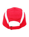 A red cap with white panels and an adjustable strap at the back. It features a branding logo.