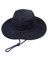 A navy blue brimmed bucket hat with a drawstring and an internal lining. Features a logo on the side.