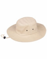 A beige bucket hat with eyelet vents and a pull cord for an adjustable fit. It features a logo on the side.