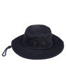 A navy blue bucket hat featuring ventilation eyelets and a drawstring. It has a logo on the side.