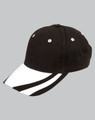 A black and white structured cap with a contrasting peak and white stripes, featuring a logo.