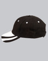 A black and white structured cap featuring a black body, white peak, and a logo on the side.