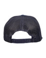 A navy blue trucker cap featuring a mesh back and an adjustable strap. The cap has a logo.
