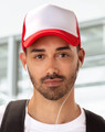 A trucker cap featuring a red brim and white front panel, paired with a male model wearing earphones.