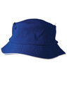 A blue bucket hat with a textured design and a sandwich trim, featuring a logo on the side.