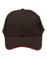 A black cap with a contrast red underbrim and a front panel featuring a logo.