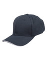 A navy blue cap with a textured mesh design and a contrasting trim. Features a branding logo.