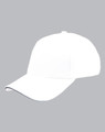 A white cap with a contrasting peak and an embroidered logo. Ideal for casual wear and outdoor activities.