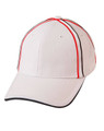 A tri-colour pique mesh structured cap featuring white, red, and black accents, with a logo present.