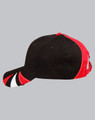 A tri-colour cap featuring black, red, and white panels, with a logo on the front.