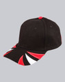 A black cap featuring tri-colour red, white, and black design elements, with a logo at the front.