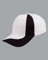 A baseball cap featuring a white and black design, with a logo on the front.