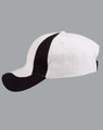 A baseball cap with a white crown and black peak, featuring a side stripe and a logo.