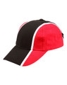 A tri-colour baseball cap featuring black, red, and white panels. Includes a logo on the front.