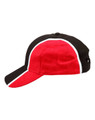 A tri-colour baseball cap featuring black and red panels with white accents, and includes a logo.