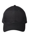 A black premium cotton twill trucker cap with mesh sides and a branded logo.