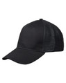 A black Premium Cotton Twill Trucker Cap with a mesh back and logo detail.