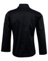 A long sleeve black chef's jacket with a high collar and a side pocket. It features a logo on one sleeve.