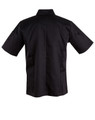 A black short-sleeve chef's jacket with a collar and a logo on the sleeve.