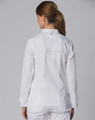 A white ladies' chef jacket with a fitted design, viewed from the back, featuring a small logo on the shoulder.