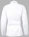 A white chef jacket featuring long sleeves and a button closure at the neck. Includes a branding logo on the sleeve.