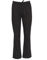 Black functional chef pants with an elastic waistband and a side pocket. Features a simple design and a logo.