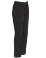 Functional ladies' chef pants in black, featuring an elastic waistband and cargo pockets. Includes a logo.